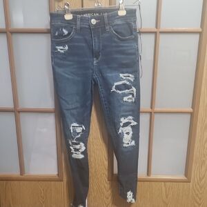 American Eagle Outfitters Women's Hi Rise Jegging Crop Distressed Blue Jeans